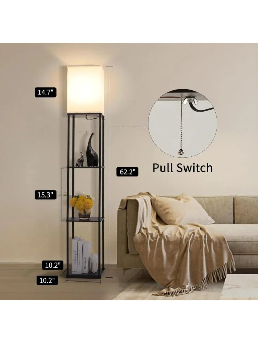 Modern Floor Lamp with Shelves, 3 Color Temperature, Corner Bookshelf Light